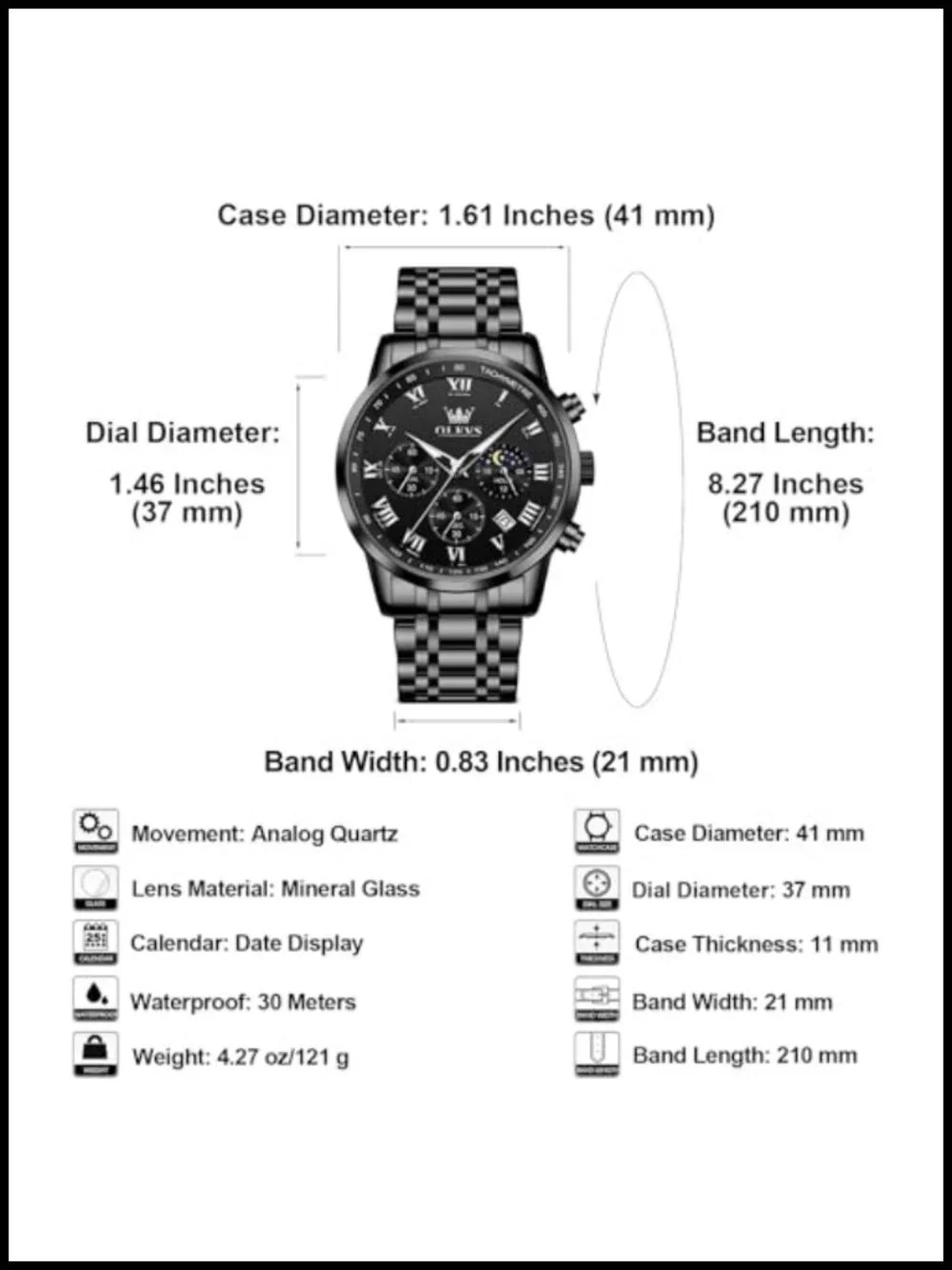 Men's Stainless Steel Chronograph Watch Big Face Roman Numerals Analog Quartz